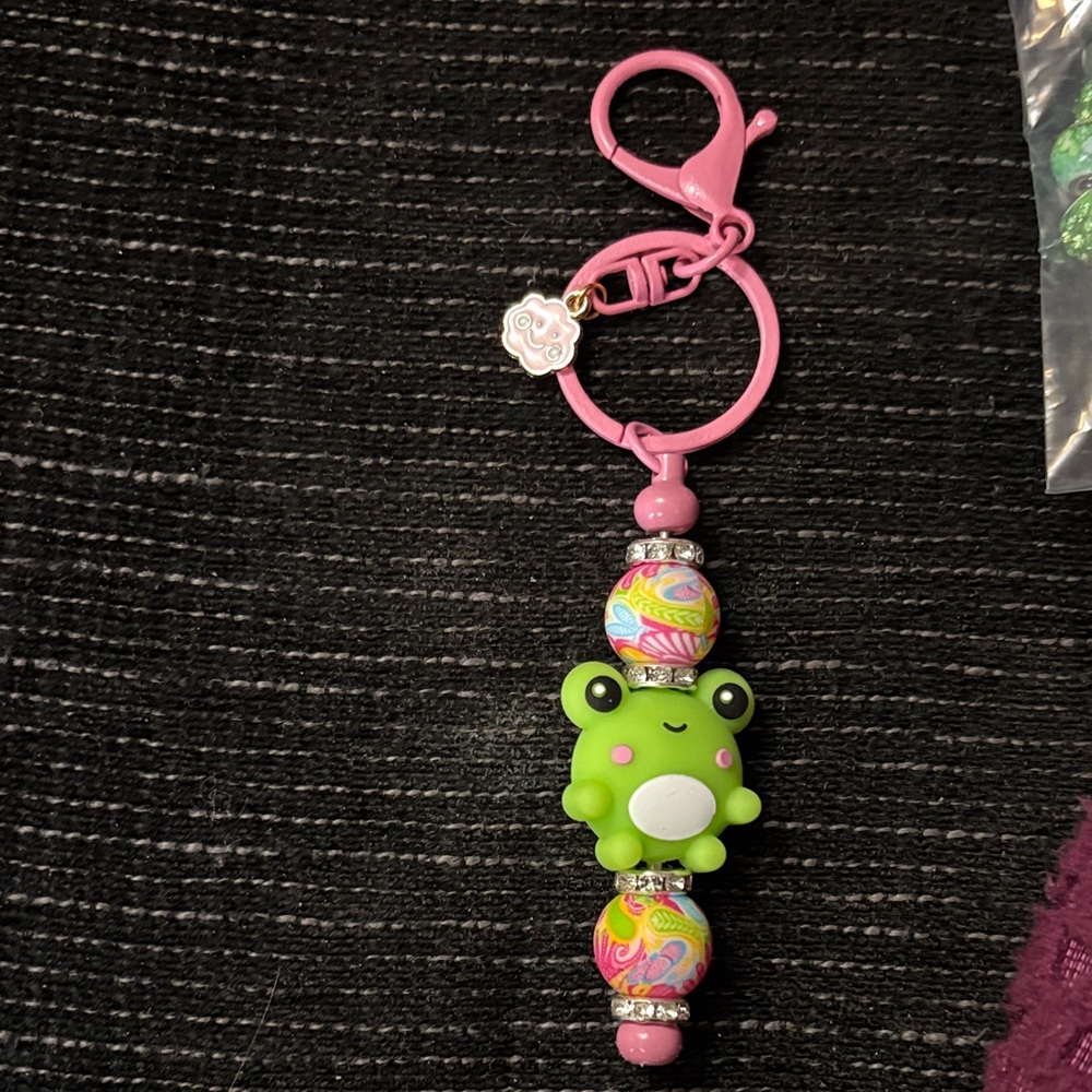 Cute Green Frog Keychain with Pink Accents Handmade